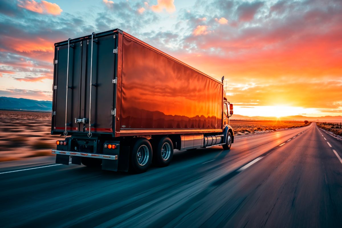 Professional moving truck driving on an open highway at sunset, symbolizing reliable long-distance moving services across SoCal and NorCal.